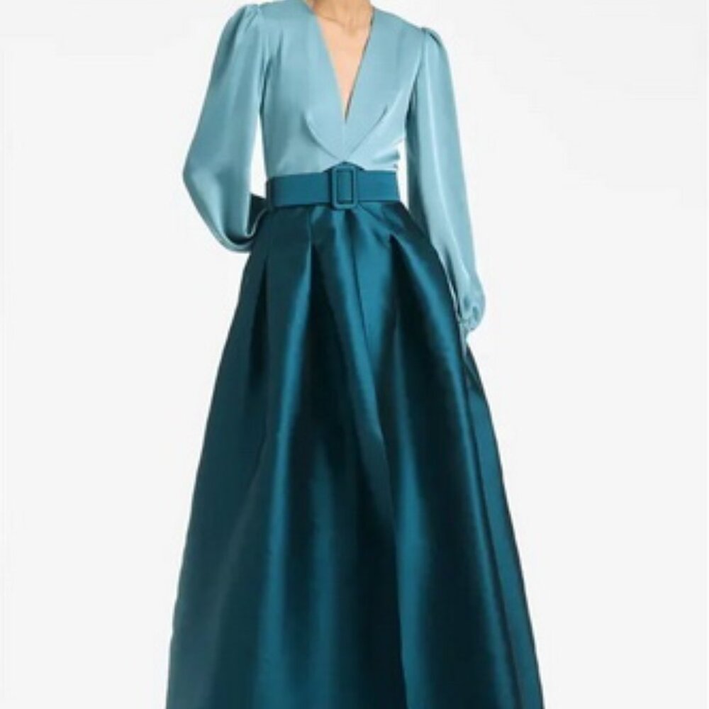 Sachin & Babi Seaglass Teal Zoe Long Sleeve Mikado Gown Less Belt - Picture 4 of 5